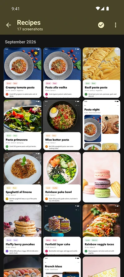 Recipes box in Shotbox with 17 recipe screenshots, from creamy tomato pasta and miso butter pasta to fluffy berry pancakes