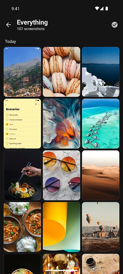 Everything view in Shotbox with 107 screenshots: travel photos, recipes, a grocery list, art and sunglasses