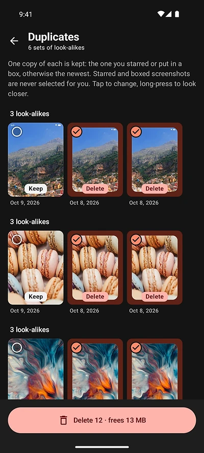Duplicates screen with sets of three look-alikes, one copy marked Keep and the others marked Delete, and a button that frees 13 MB