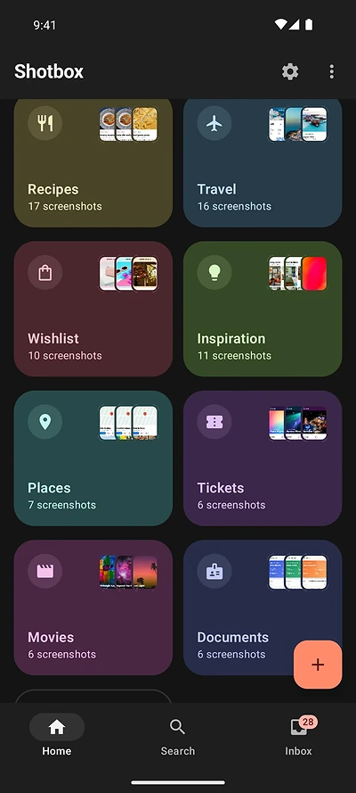 Shotbox Home in dark mode with colorful boxes: Recipes, Travel, Wishlist, Inspiration, Places, Tickets, Movies and Documents