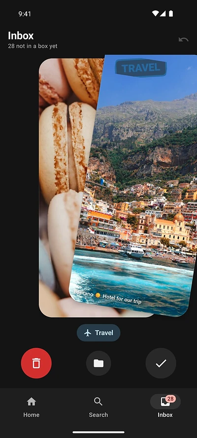 Shotbox Inbox with 28 items: a Positano hotel screenshot suggested for the Travel box, with delete, pick a box and file buttons
