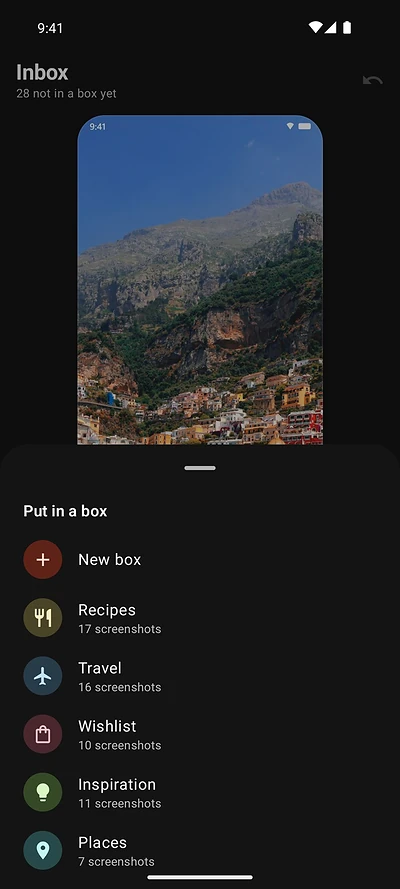 Put in a box sheet in Shotbox with New box, Recipes, Travel, Wishlist, Inspiration and Places